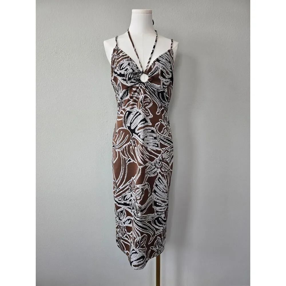 Zara Brown Floral Halter Midi Dress Size M Cut Out Bodycon Stretch Festival Y2K